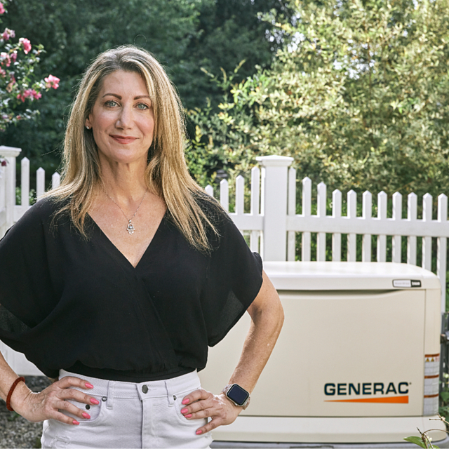 Generac Woman Woman standing in front of a newly installed Generac standby generator by Prime Generators in the DFW area, showcasing reliable whole-home backup power